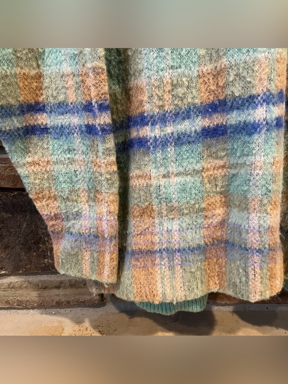 Free People Primrose Plaid Tunic V-Neck Sweater in Mint, Tan & Blue - Picture 4 of 7
